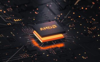 AMD logo on a circuit-board and button